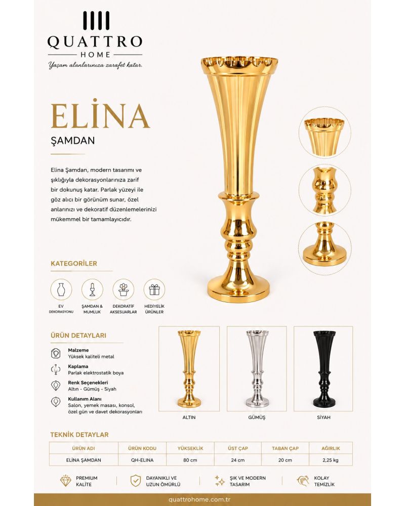 Elina Dekoratif Metal Şamdan – Parlak Modern Tasarım