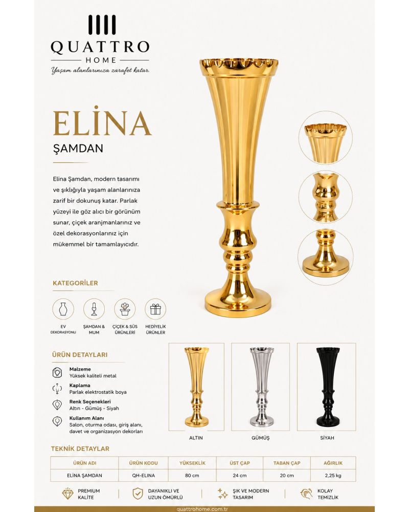 Elina Dekoratif Metal Şamdan – Parlak Modern Tasarım
