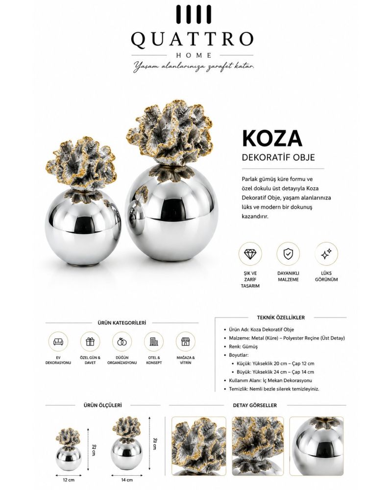 Koza Dekoratif Obje 2’li Set – Çiçek Detaylı Metal Dekoratif Aksesuar