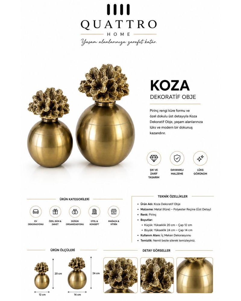 Koza Dekoratif Obje 2’li Set – Çiçek Detaylı Metal Dekoratif Aksesuar