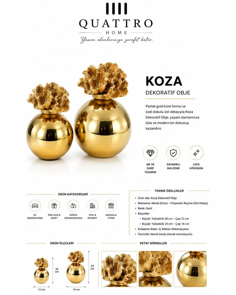 Koza Dekoratif Obje 2’li Set – Çiçek Detaylı Metal Dekoratif Aksesuar