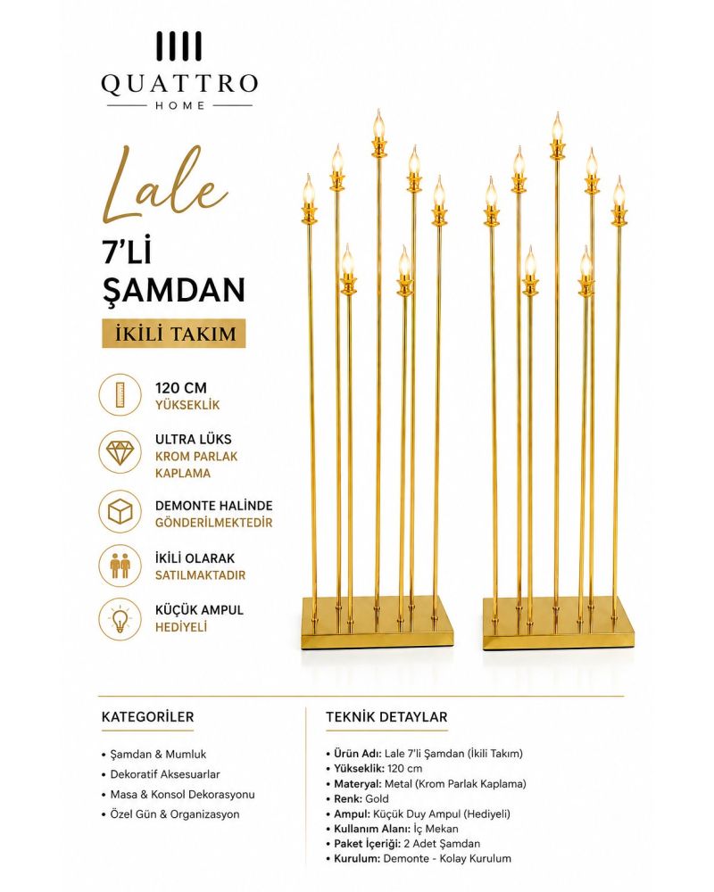 Lale Çift 7’li Şamdan – Gold Krom Parlak Metal Dekoratif Şamdan
