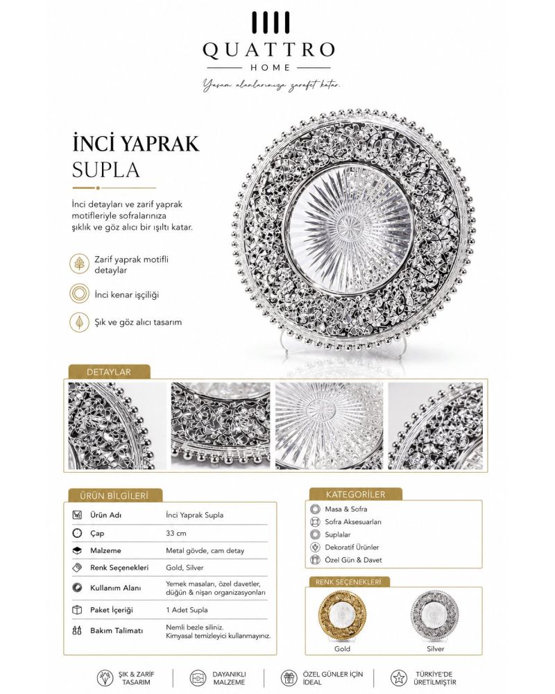 İnci Yaprak Supla – Cam Detaylı Metal Dekoratif Supla 33 cm