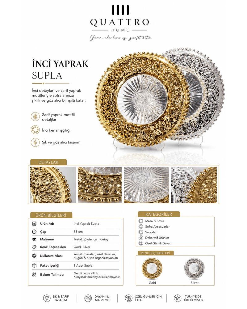 İnci Yaprak Supla – Cam Detaylı Metal Dekoratif Supla 33 cm
