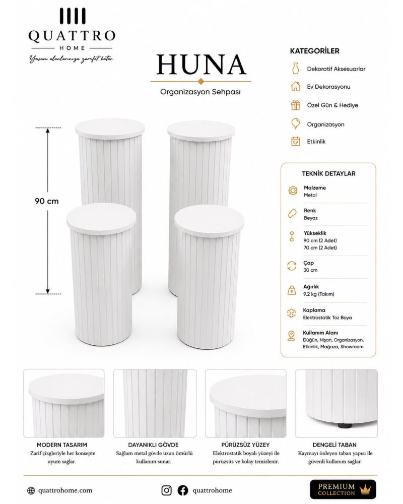Huna Tekli Organizasyon Sehpası – Beyaz Metal Dekoratif Silindir Stand