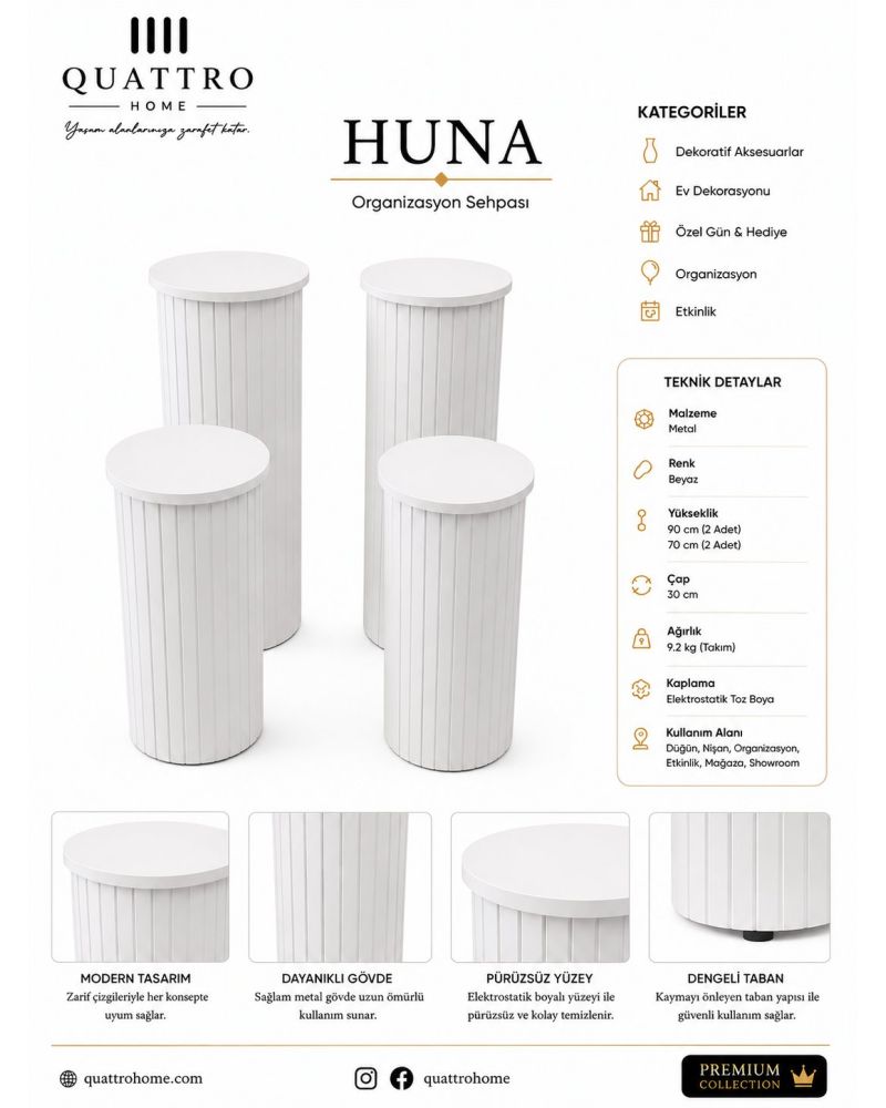 Huna Tekli Organizasyon Sehpası – Beyaz Metal Dekoratif Silindir Stand