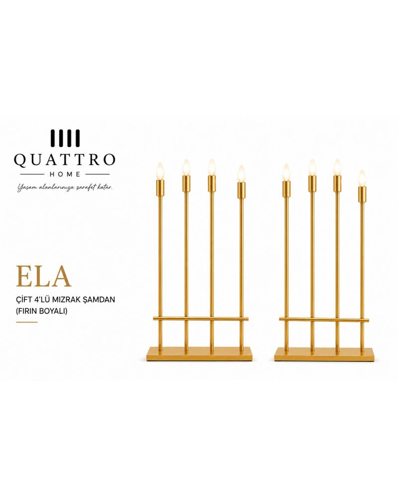 Quattro Home Ela Çift 4’lü Mızrak Şamdan Gold Fırın Boyalı Metal Dekoratif Şamdan Seti