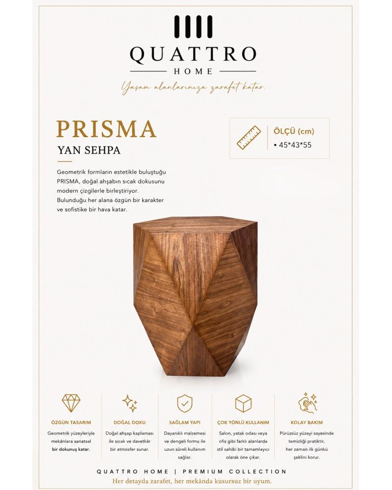 Quattro Home Prisma Geometrik Ahşap Kaplamalı Yan Sehpa 45x43x55 cm