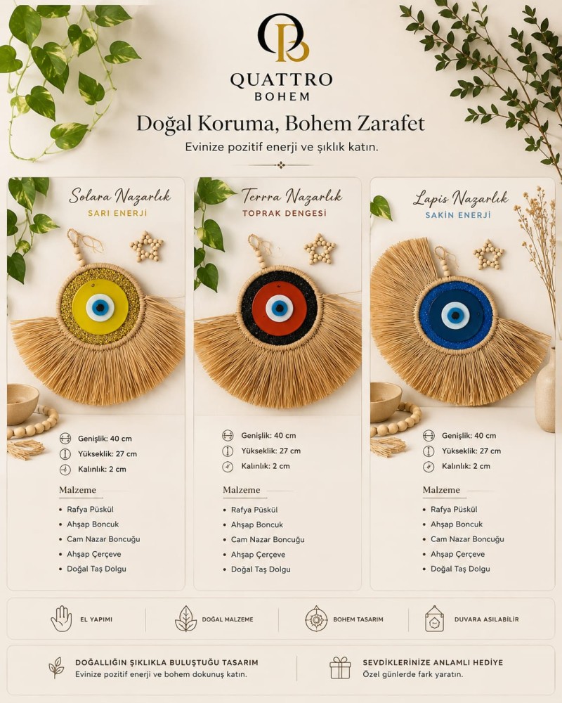 BOHEM Terra Nazarlık El Yapımı Bohem Nazar Duvar Süsü Doğal Rafya Dekor