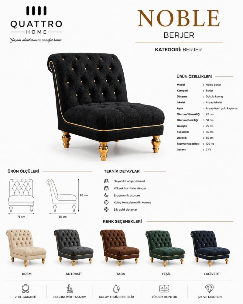 Noble Kapitoneli Berjer – Gold Detaylı Modern Tekli Koltuk