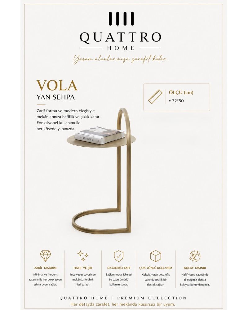 Quattro Home Vola C Form Gold Metal Yan Sehpa