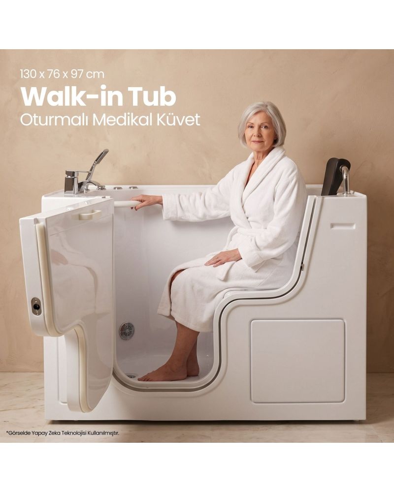 Oturmalı Medikal Küvet 130 x 76 x 97 CM - Kapılı Jetli Engelli ve Yaşlı Küveti