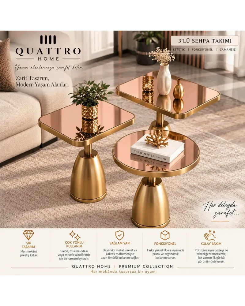 Quattro Home Rose Ayna Gold Metal Ayaklı 3'lü Dekoratif Sehpa Takımı – Modern Orta  Seti