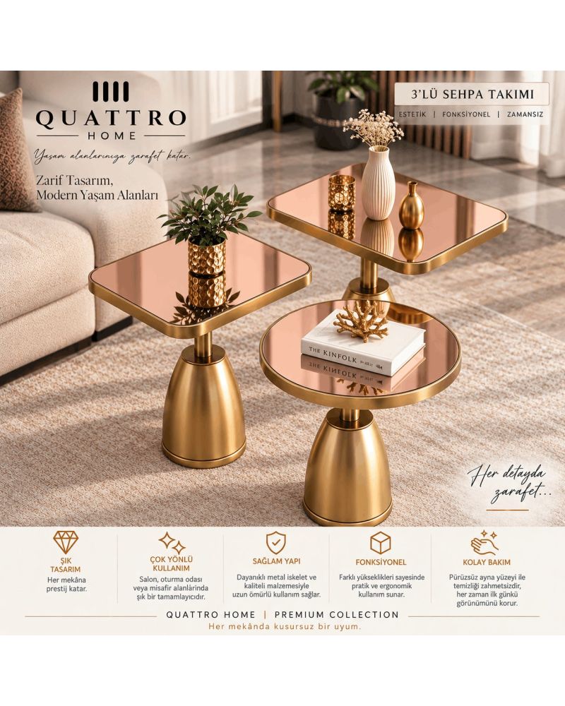 Quattro Home Rose Ayna Gold Metal Ayaklı 3'lü Dekoratif Sehpa Takımı – Modern Orta  Seti