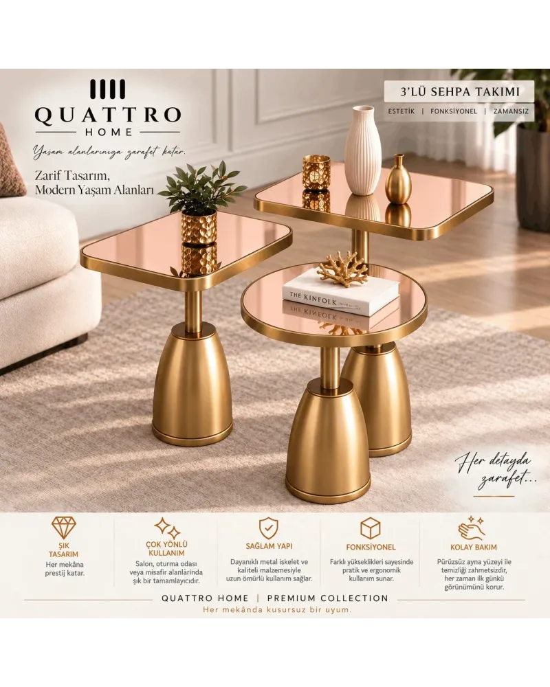 Quattro Home Rose Ayna Gold Metal Ayaklı 3'lü Dekoratif Sehpa Takımı – Modern Orta  Seti