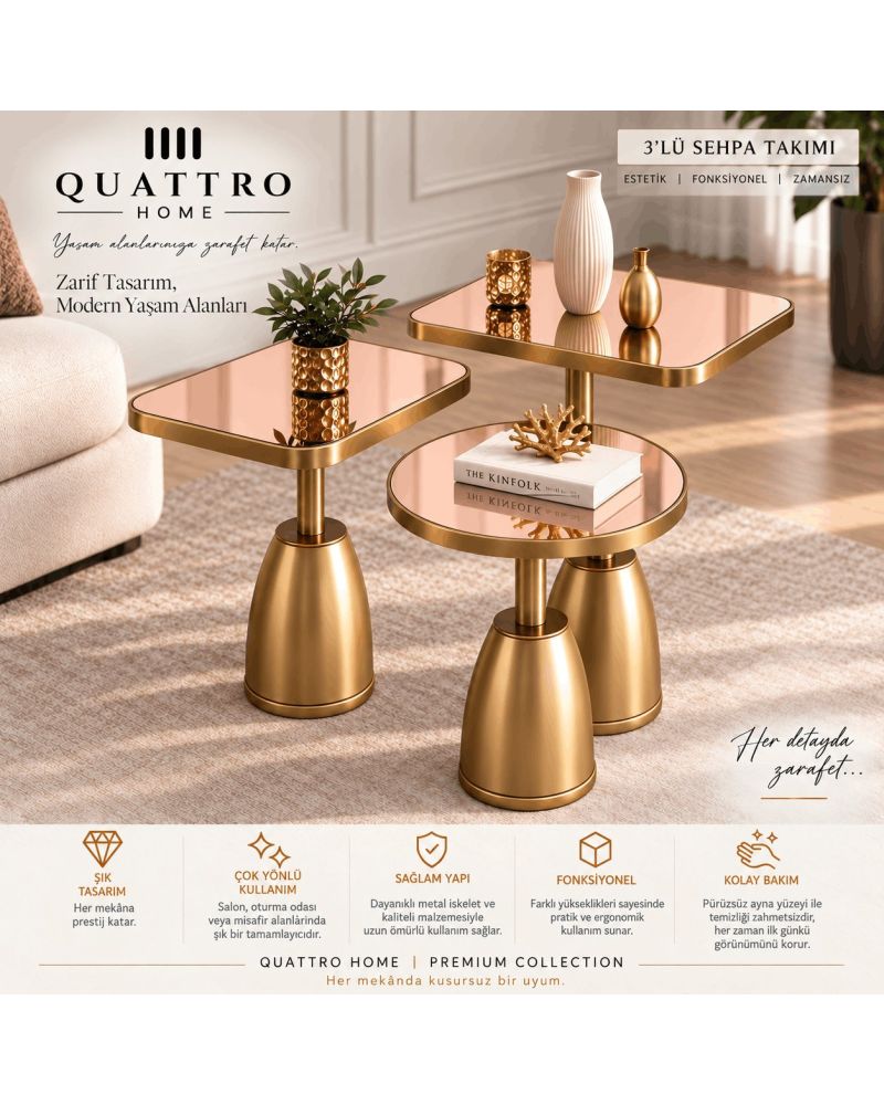Quattro Home Rose Ayna Gold Metal Ayaklı 3'lü Dekoratif Sehpa Takımı – Modern Orta  Seti