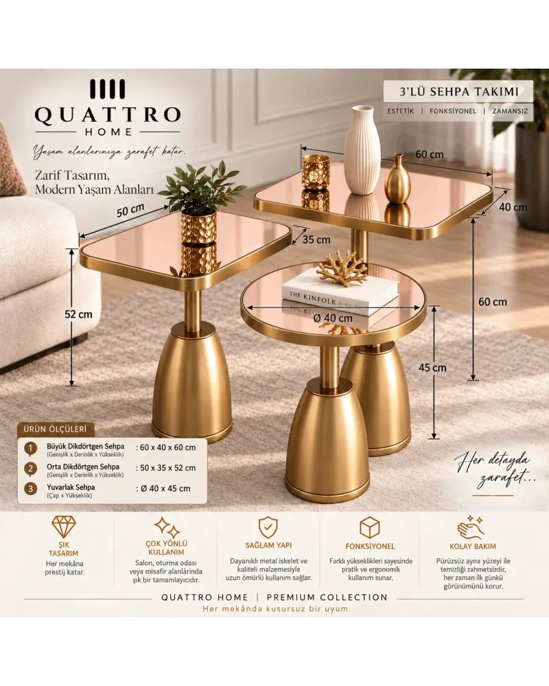 Quattro Home Rose Ayna Gold Metal Ayaklı 3'lü Dekoratif Sehpa Takımı – Modern Orta  Seti
