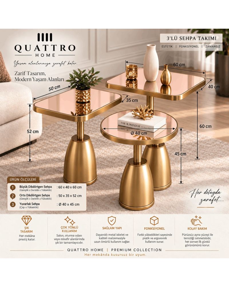 Quattro Home Rose Ayna Gold Metal Ayaklı 3'lü Dekoratif Sehpa Takımı – Modern Orta  Seti