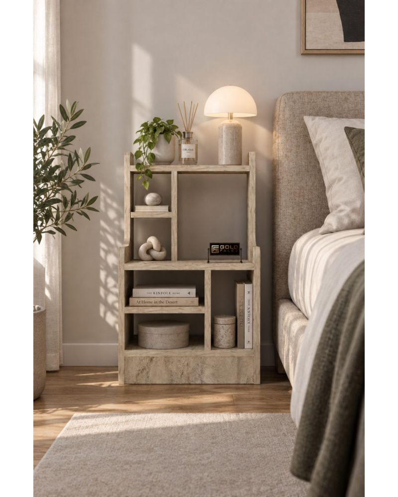Komodin Raflı Kitaplık Çok Bölmeli Dekoratif Yan Sehpa Organizer Modern Yatak Odası Raf Ünitesi Nature 182 Traverten
