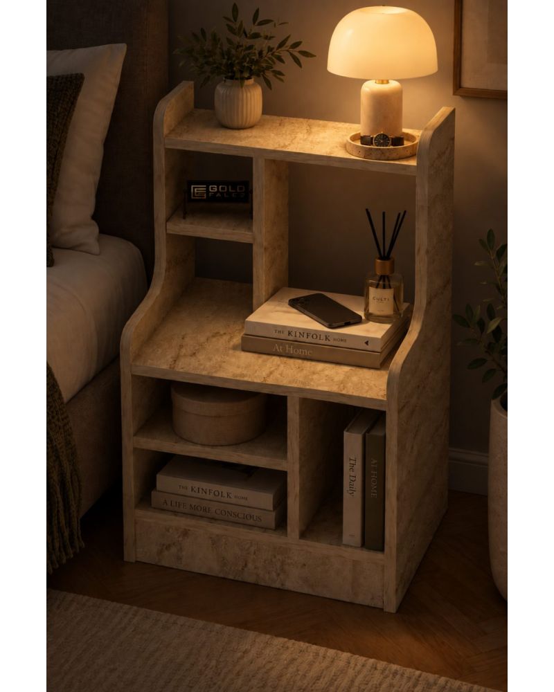 Komodin Raflı Kitaplık Çok Bölmeli Dekoratif Yan Sehpa Organizer Modern Yatak Odası Raf Ünitesi Nature 182 Traverten