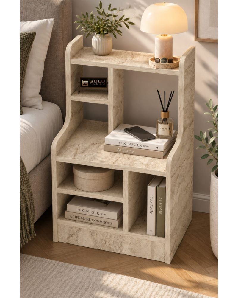 Komodin Raflı Kitaplık Çok Bölmeli Dekoratif Yan Sehpa Organizer Modern Yatak Odası Raf Ünitesi Nature 182 Traverten