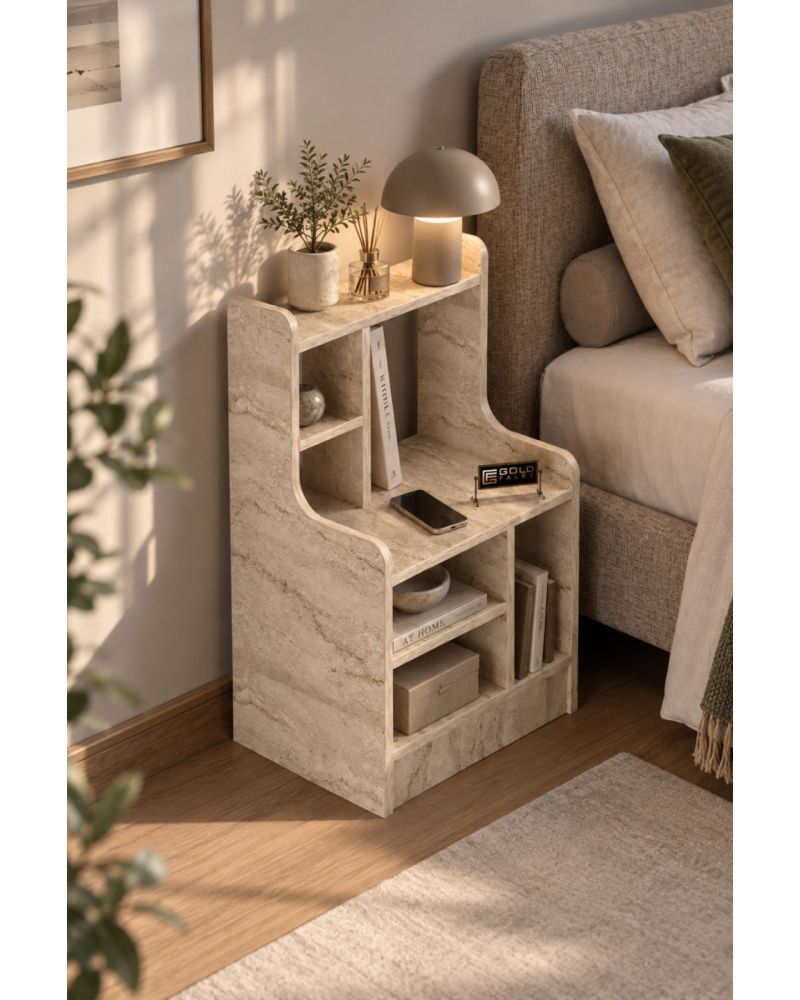 Komodin Raflı Kitaplık Çok Bölmeli Dekoratif Yan Sehpa Organizer Modern Yatak Odası Raf Ünitesi Nature 182 Traverten