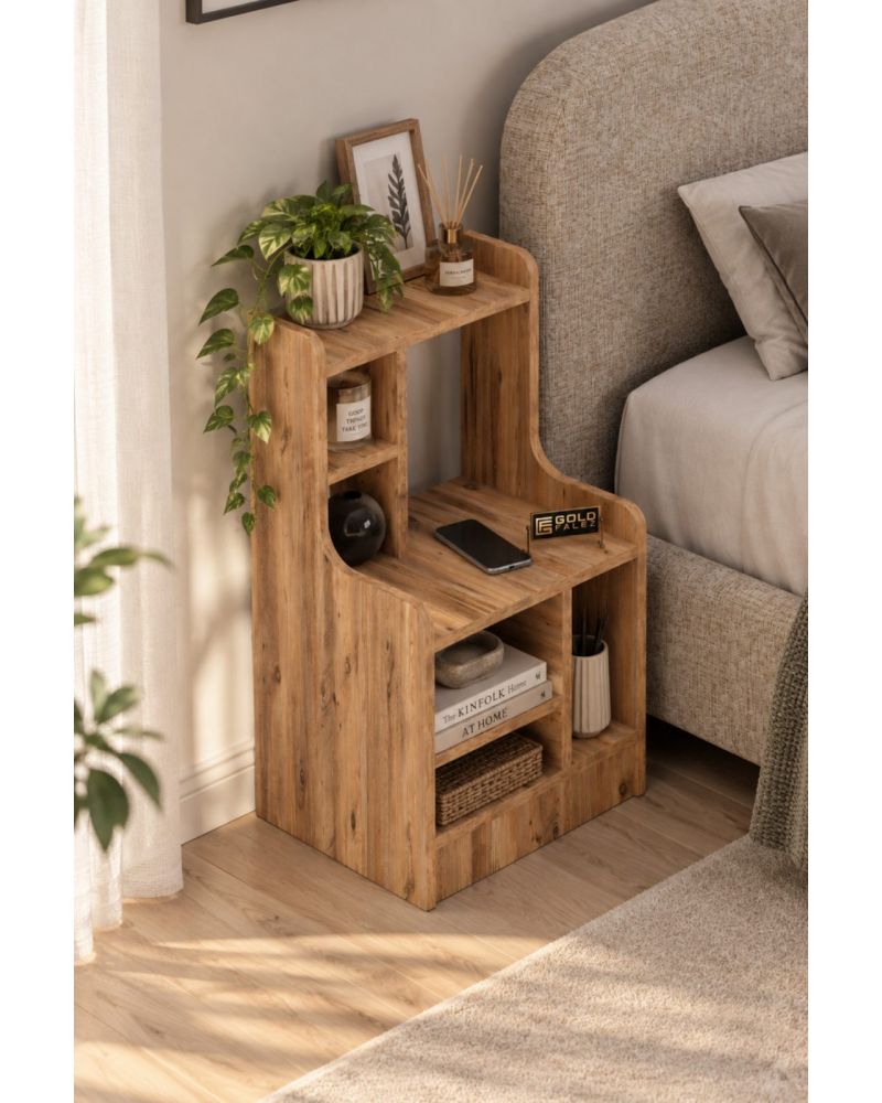 Komodin Raflı Kitaplık Çok Bölmeli Dekoratif Yan Sehpa Organizer Modern Yatak Odası Raf Ünitesi Nature 181 Atlantik Çam