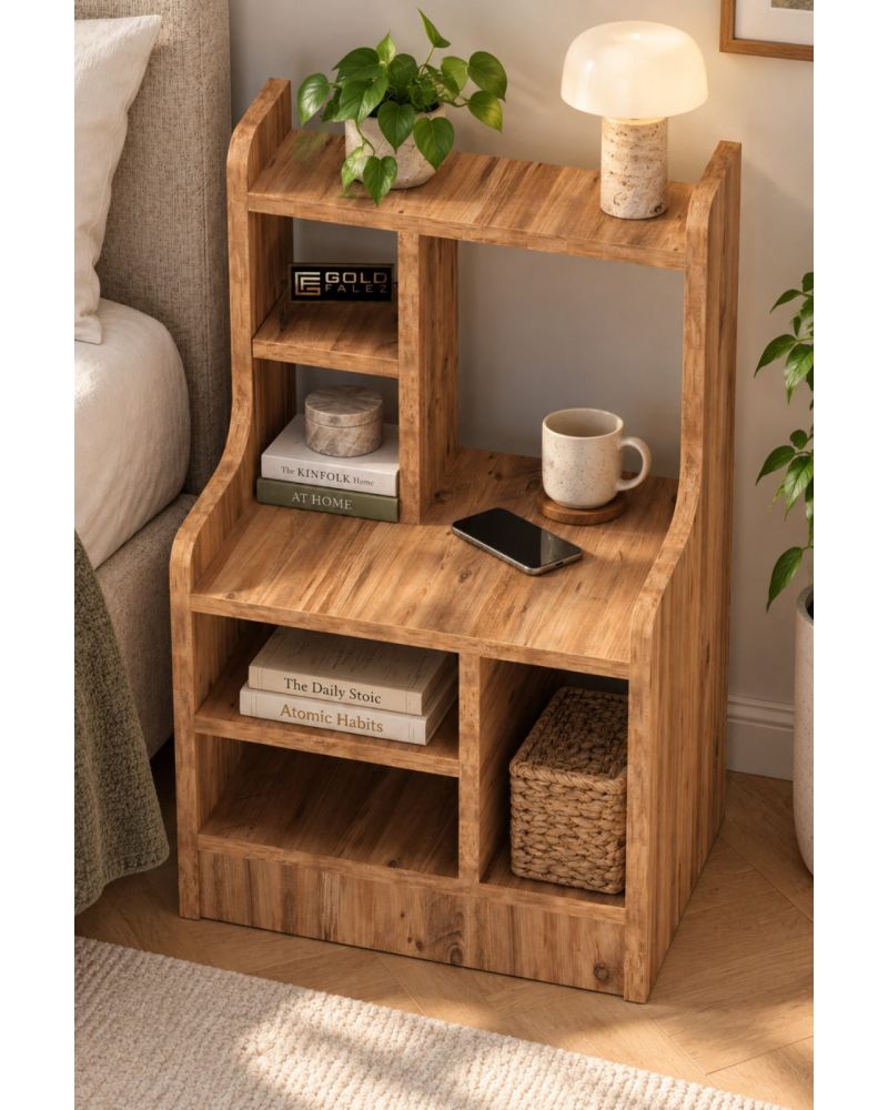 Komodin Raflı Kitaplık Çok Bölmeli Dekoratif Yan Sehpa Organizer Modern Yatak Odası Raf Ünitesi Nature 181 Atlantik Çam