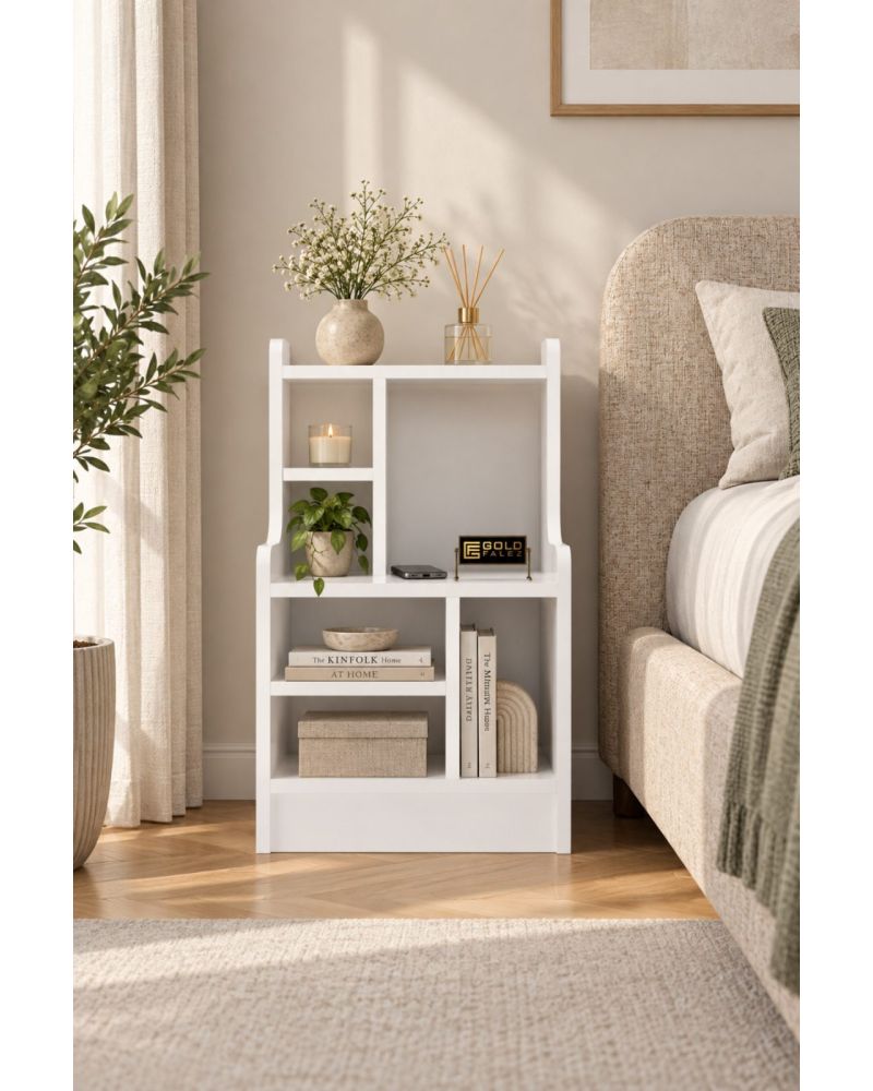 Komodin Raflı Kitaplık Çok Bölmeli Dekoratif Yan Sehpa Organizer Modern Yatak Odası Raf Ünitesi Nature 183 Beyaz