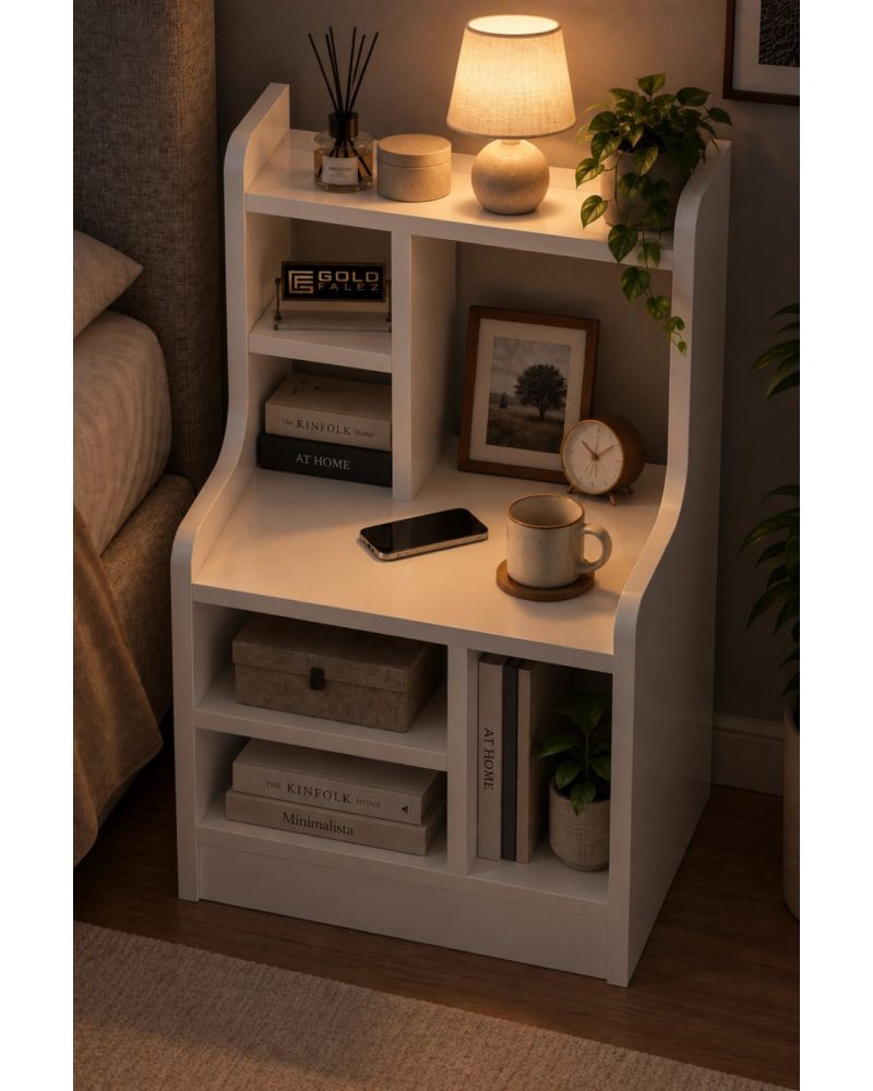 Komodin Raflı Kitaplık Çok Bölmeli Dekoratif Yan Sehpa Organizer Modern Yatak Odası Raf Ünitesi Nature 183 Beyaz