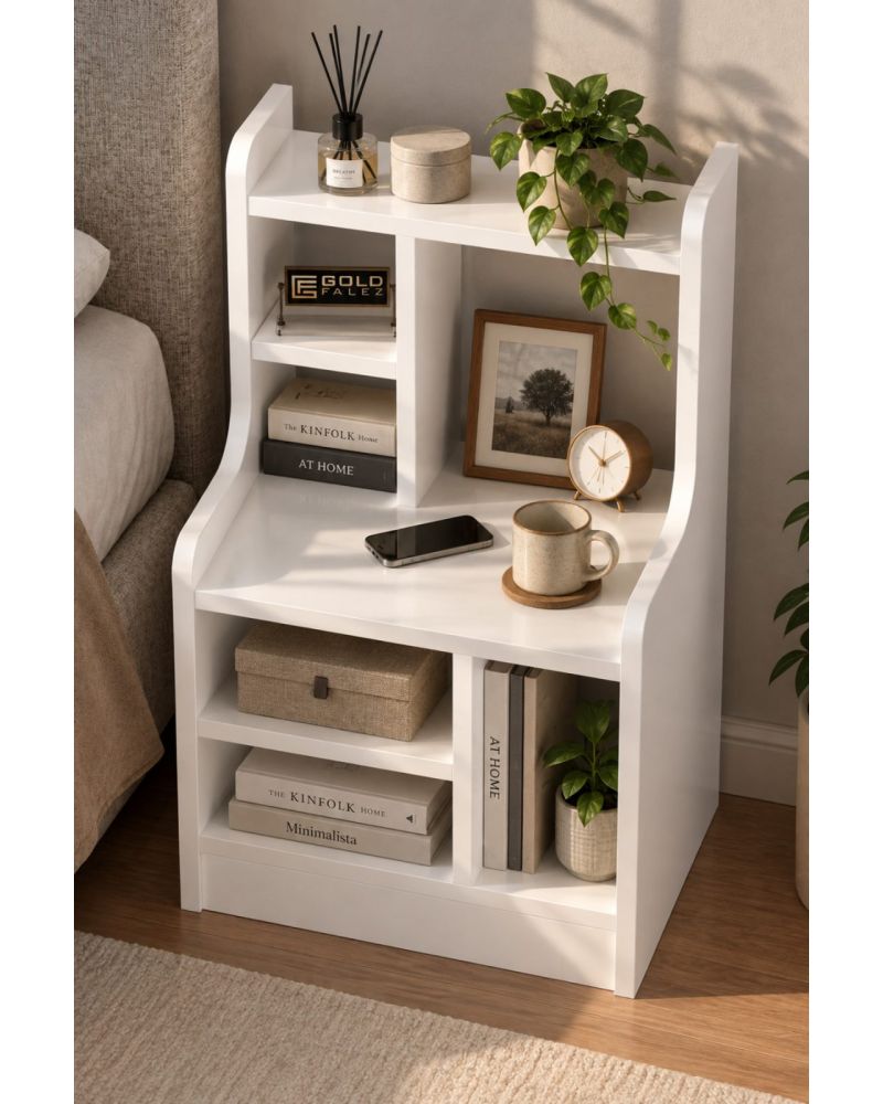 Komodin Raflı Kitaplık Çok Bölmeli Dekoratif Yan Sehpa Organizer Modern Yatak Odası Raf Ünitesi Nature 183 Beyaz