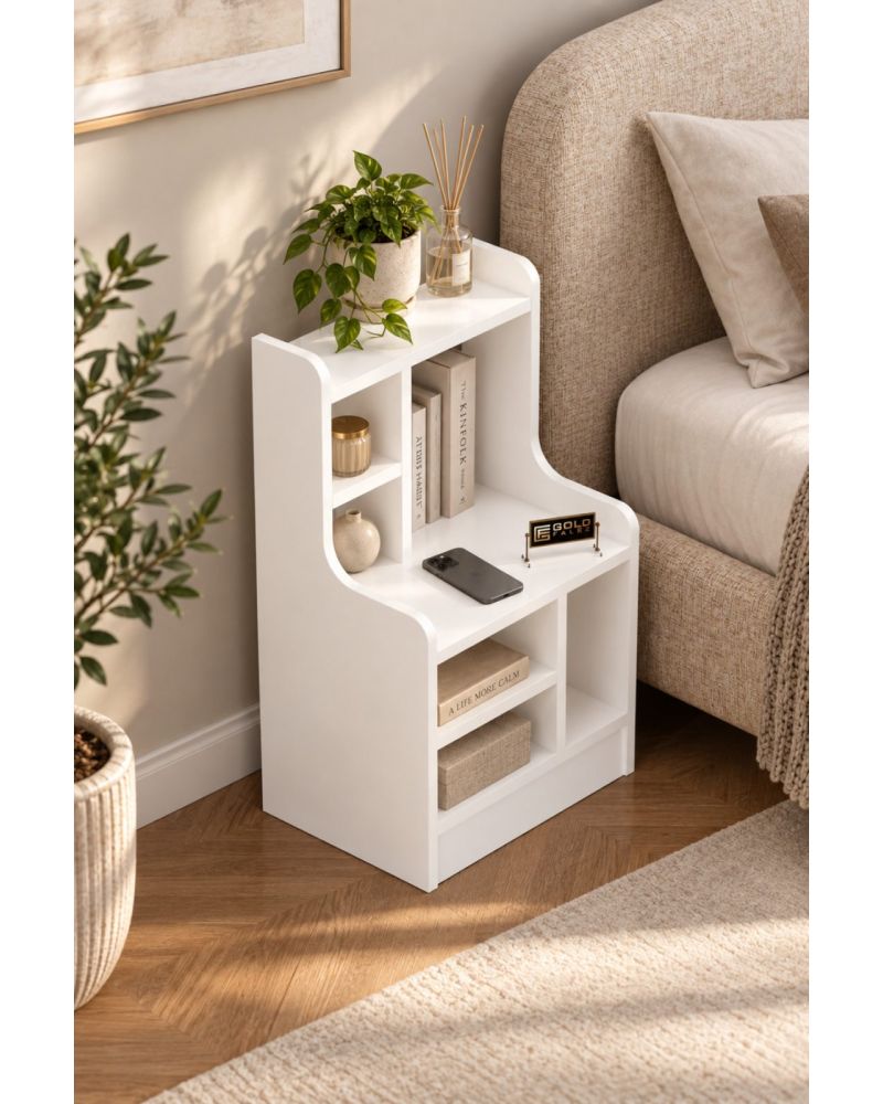 Komodin Raflı Kitaplık Çok Bölmeli Dekoratif Yan Sehpa Organizer Modern Yatak Odası Raf Ünitesi Nature 183 Beyaz