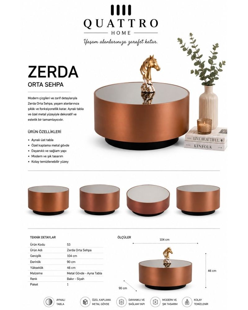 Zerda Aynalı Oval Orta Sehpa