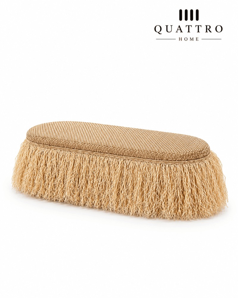 SAULI Saçaklı Bench 35x80 cm Oval Form Hasır Dokulu Dekoratif Puf Bench
