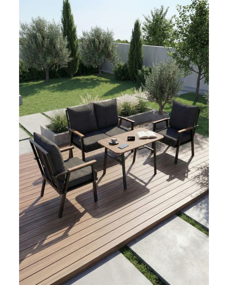 Goldfalez Metal Bahçe Oturma Grubu Minderli Gri 4'lü Set