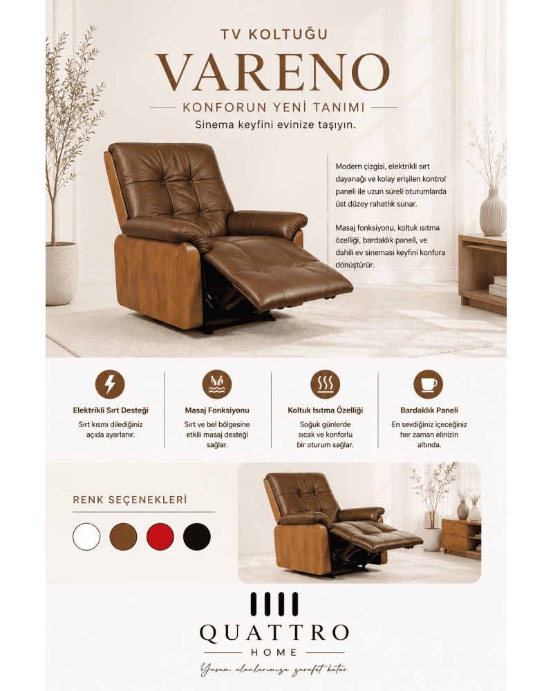 Vareno Elektrikli Masajlı Isıtmalı Bardaklıklı TV Koltuğu
