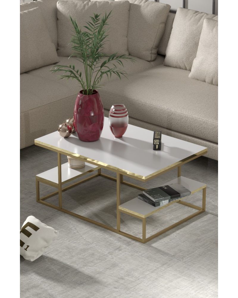 Goldfalez Delux Orta Sehpa Gold Beyaz 90x60 cm
