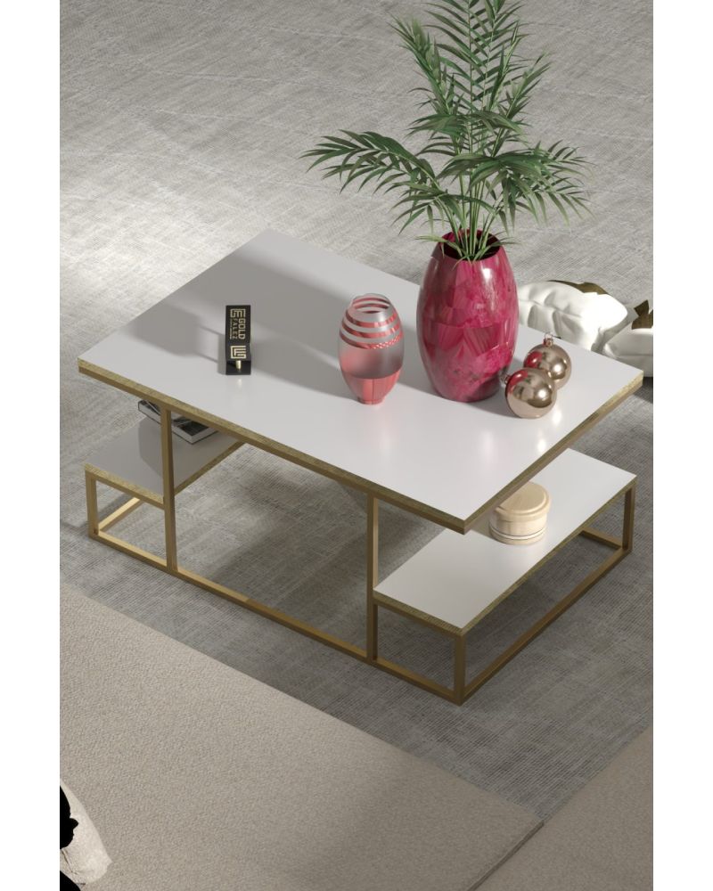 Goldfalez Delux Orta Sehpa Gold Beyaz 90x60 cm