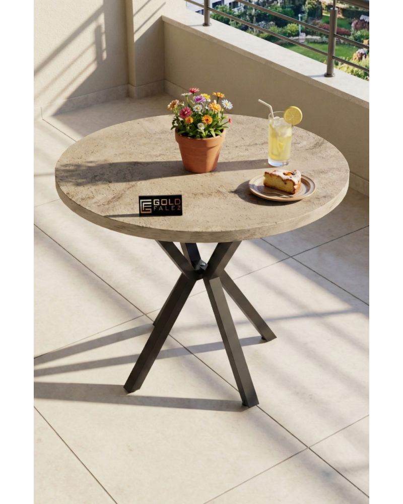 Mutfak Masası 90 cm Yuvarlak Masa Modern Metal Ayaklı Cafe Balkon Ofis Yemek Masası 9826 Traverten