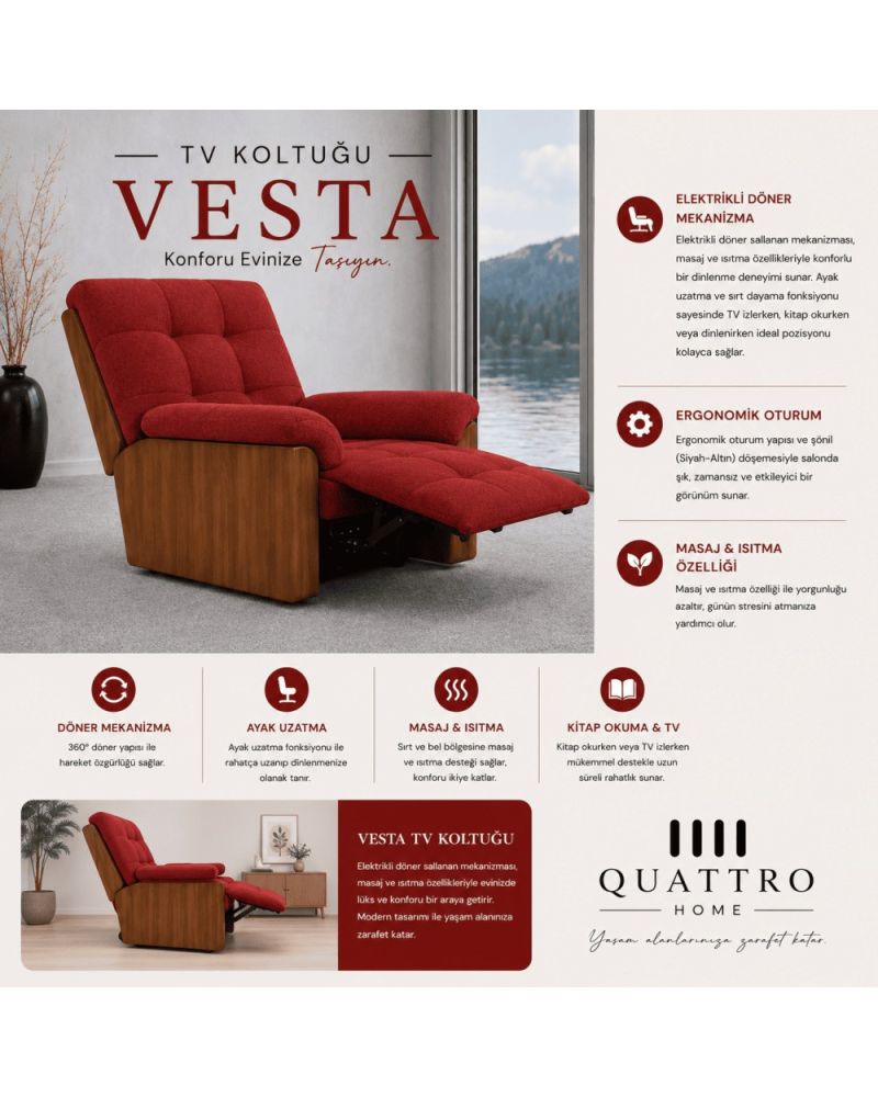 Vesta TV Koltuğu Elektrikli Döner Mekanizmalı Masaj ve Isıtmalı Relax Koltuk