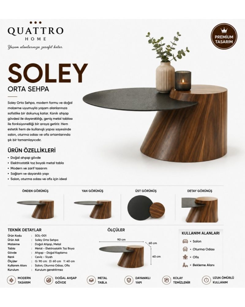 Soley Ahşap Gövdeli Metal Tablalı Orta Sehpa