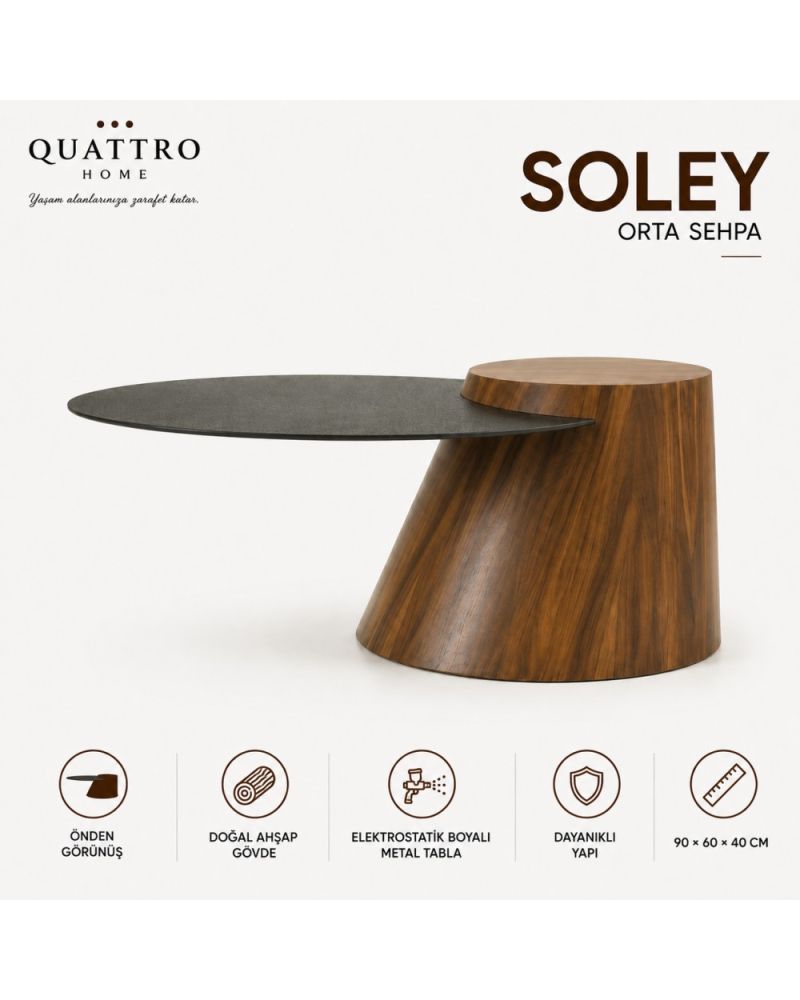 Soley Ahşap Gövdeli Metal Tablalı Orta Sehpa