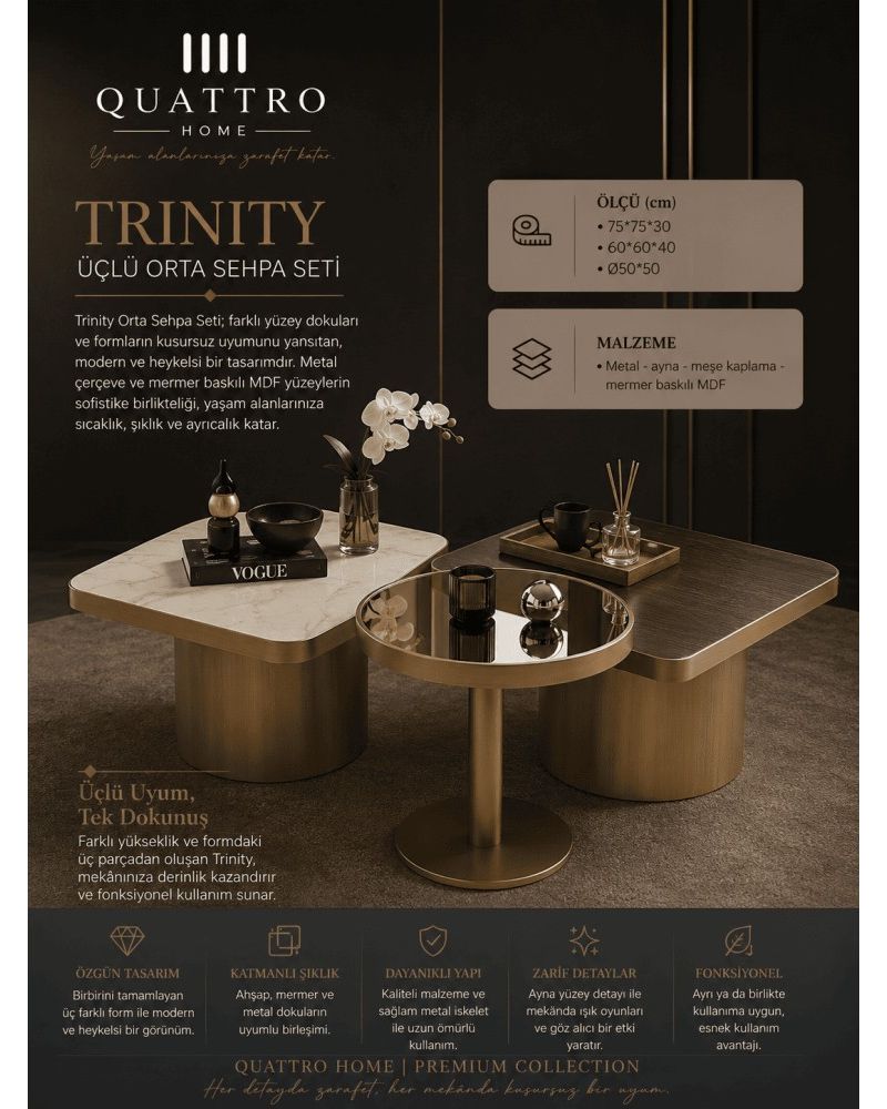 Quattro Home Trinity Üçlü Orta Sehpa Seti Metal Aynalı Meşe Kaplama Mermer Baskılı MDF 75x75x30 60x60x40 Ø50x50 cm