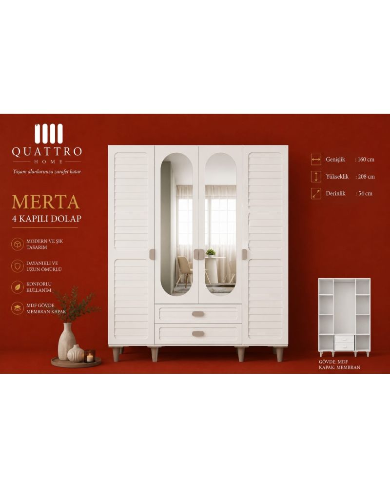 Merta 4 Kapılı Aynalı Dolap – MDF Gövde, Membran Kapaklı Modern Yatak Odası Gardırop