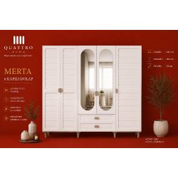 Merta 6 Kapılı Gardırop Aynalı MDF Gövde Membran Kapak Modern Elbise Dolabı