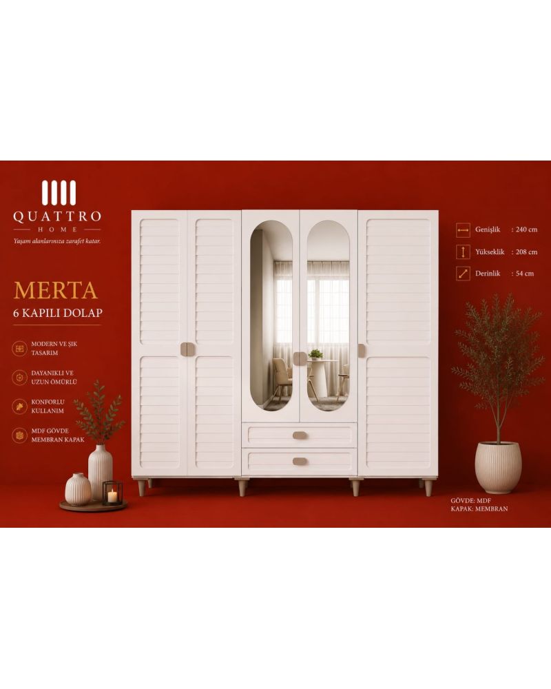 Merta 6 Kapılı Gardırop Aynalı MDF Gövde Membran Kapak Modern Elbise Dolabı