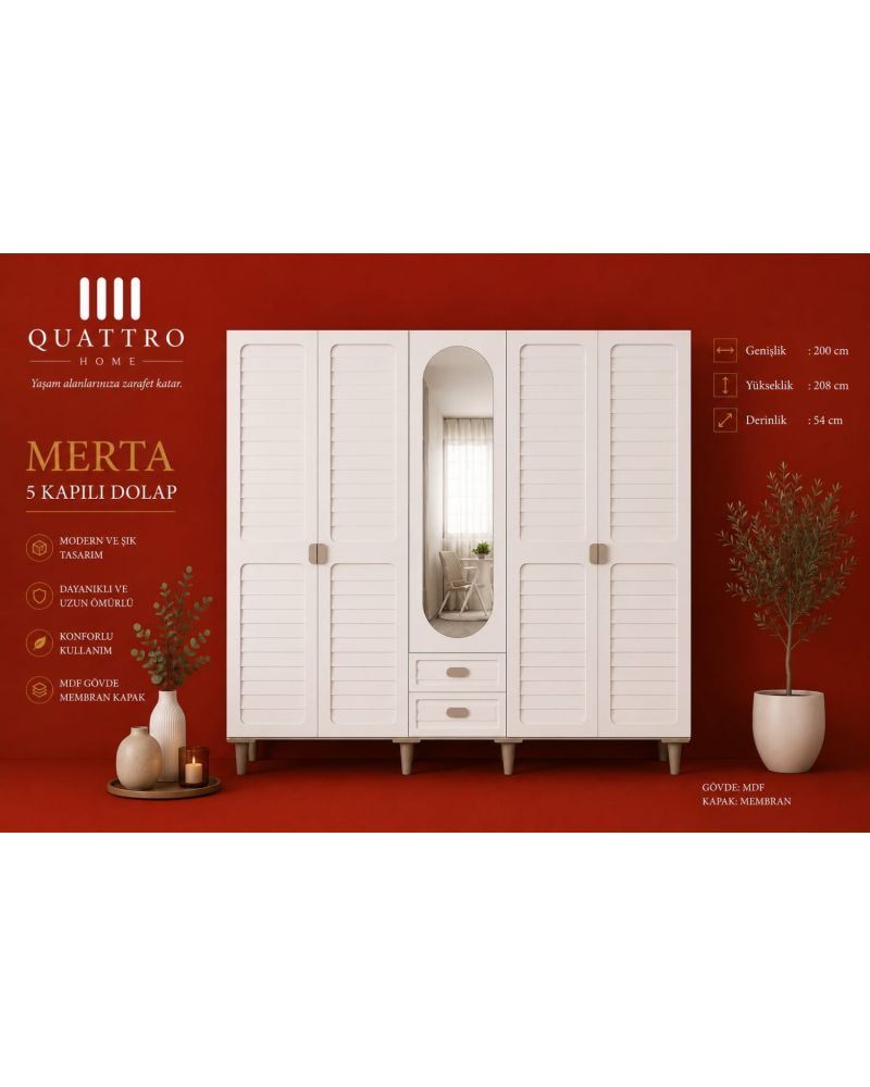 Merta 5 Kapılı Aynalı Gardırop MDF Gövde Membran Kapak Modern Elbise Dolabı