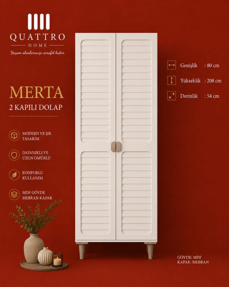 Merta 2 Kapılı Gardırop MDF Gövde Membran Kapak Modern Elbise Dolabı
