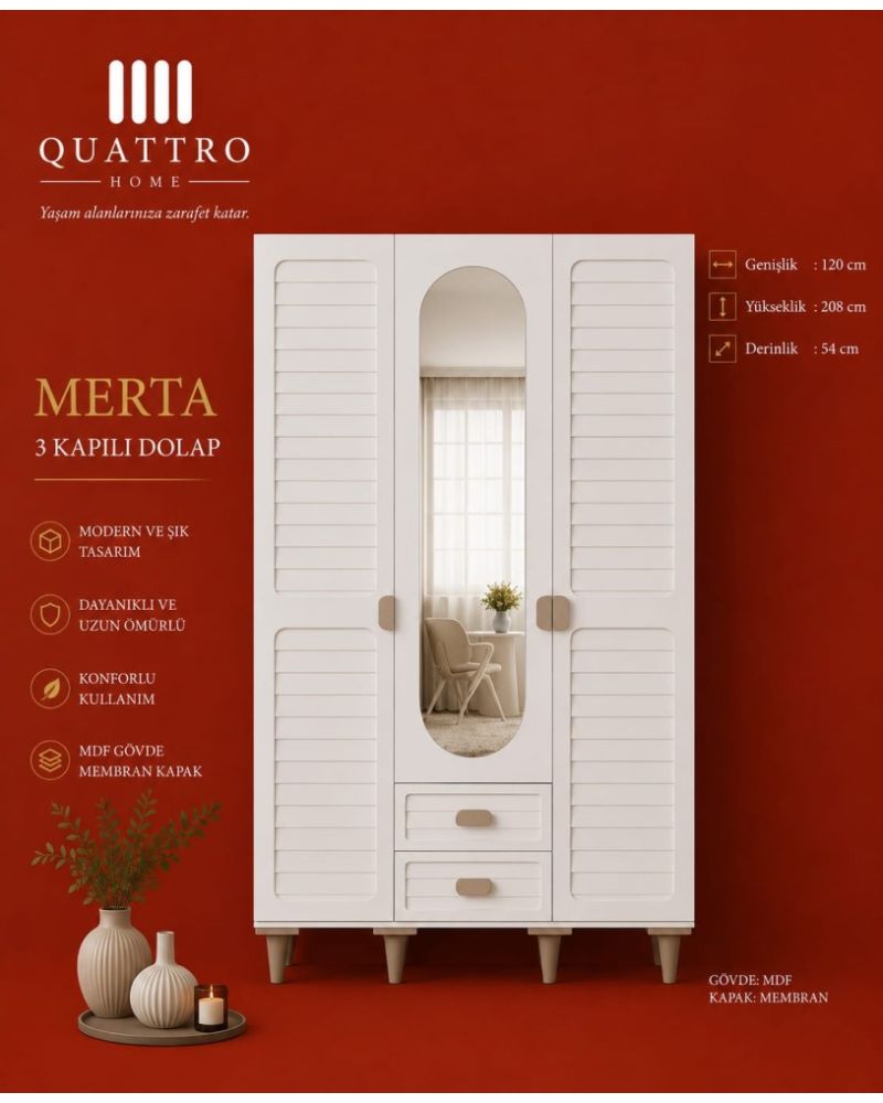 Merta 3 Kapılı Aynalı Gardırop MDF Gövde Membran Kapak Modern Elbise Dolabı