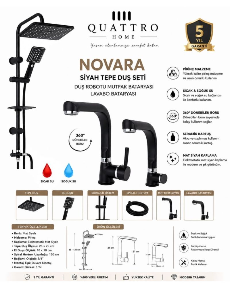 Novara2 Tepe Duş Seti,Levabo ve Evye Bataryası